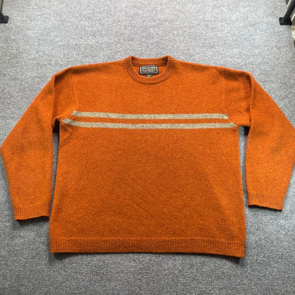 Abercrombie & Fitch Sweater Men's XL Orange Shetland Wool Striped Crewneck VTG